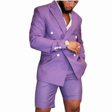 Purple Suit Men Slim Fit Blazer Short Pants 2 Pieces Groom Tuxedos Men's Wedding Suits ( Jacket + Pants )