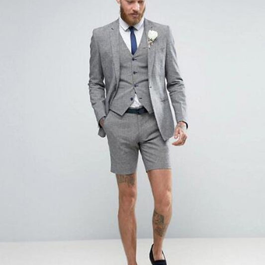Light Grey Shorts Summer Men's Suit (Jacket +Pants+Vest) Casual Groom Tuxedo Beach Wedding Suits Best Man Blazer