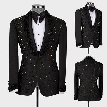 Costume de luxe pour homme sur mesure, une pièce, blazer bleu, smoking, veste à un bouton, appliques perlées, coupe slim, mariage, marié, bal, sur mesure