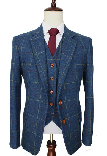 Conjunto de traje de cuadros dorados con solapa azul para hombre