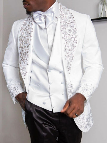 Trajes de hombre a medida, 3 piezas, blazer, chaleco, pantalón, un botón, solapa transparente, apliques de cuentas y diamantes, para negocios, bodas, a medida.