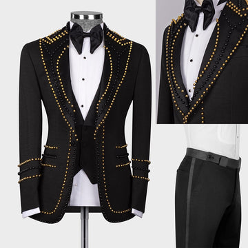 Costumes pour hommes sur mesure 3 pièces Blazer Gilet Pantalon Un bouton Revers en pointe Perles Perles Slim Mariage Marié Sur mesure Grande taille