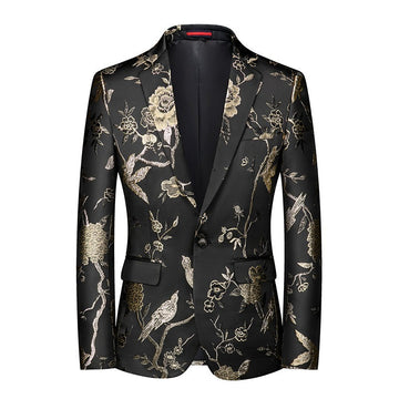 Men's Golden Flower Bird Embroidery Print Black Bottom Suit