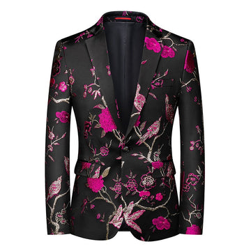 Men's Pink Floral Bird Embroidery Print Wedding Blazer