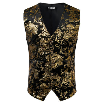 Chaleco Steampunk con estampado de cachemira metalizado dorado para hombre, de un solo pecho, con cuello en V, para boda, esmoquin, aristócrata, talla 2XL