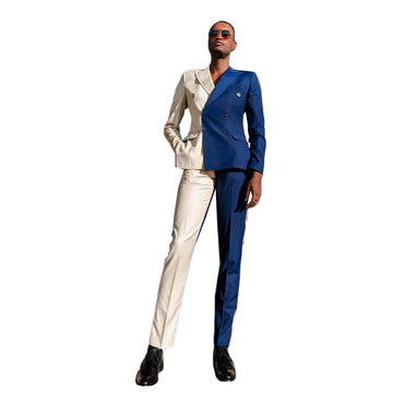 Navy Beige Men's Suits Tailored 2 Pieces Blazer Pants Peaked Lapel Double Breasted Spliced Wedding Slim Custom Made Plus Size