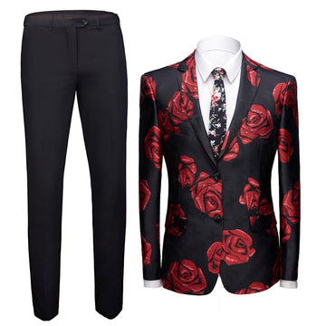 Print Casual Slim Fit Men Suits 2 Pieces Set