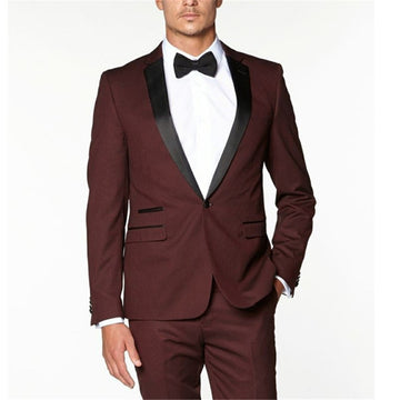 Burgundy Men Suits Two Piece Black Notched Lapel One Button Blazer Suit Groom Men Suit Tuxedos (Jackets+Pants)