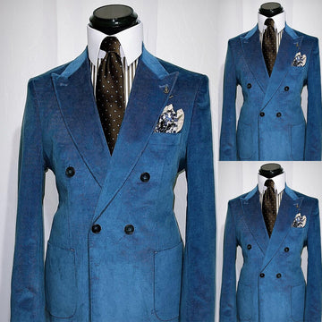 Nouveaux costumes pour hommes en velours côtelé sur mesure 2 pièces blazer pantalon un bouton revers en pointe bleu foncé affaires mariage marié sur mesure
