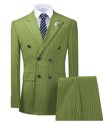 Olive Green Men's Suit 2 Pieces Pinstripe Notched Lapel Tuxedos Slim Fit Groomman