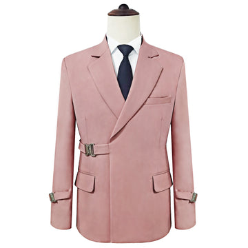 Pink Belt Design Men Suits 2 Pieces Double Breasted Coat Pant Design Wedding Suits Groom Prom Tuxedos Blazer Set