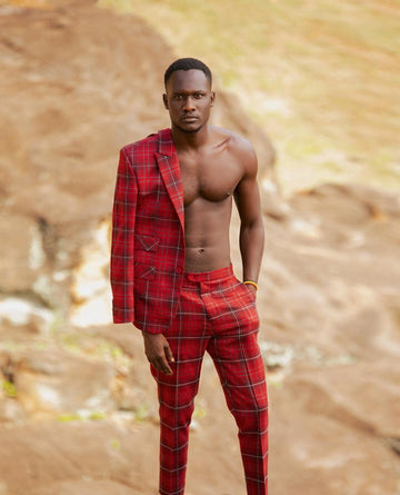 Red ModernMen's Suits Tailored 2 Pieces Blazer Pants Single Breasted Peaked Lapel Plaid Stripes Wedding Groom Tailored Plus Size