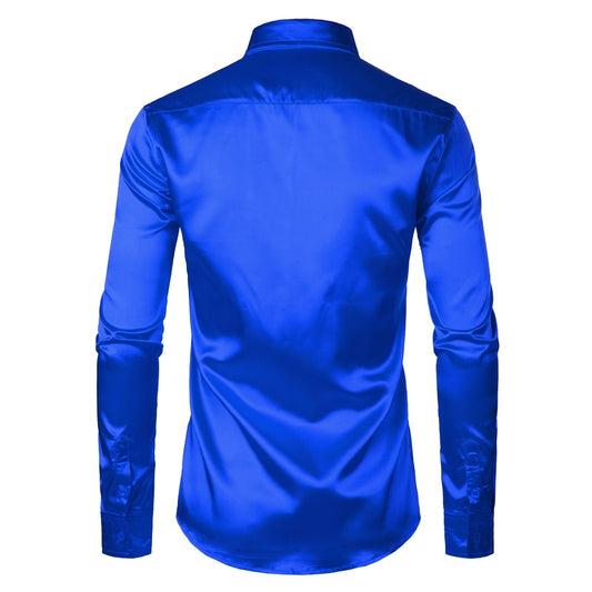 Royal Blue Silk Satin Shirt Men Slim Fit Men Dress Shirts Wedding Party Casual Shirt Chemise