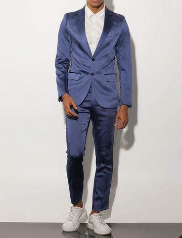 Traje azul marino para hombre, a medida, 2 piezas, blazer, pantalón, satén, botonadura sencilla, moderno, para negocios, boda, novio, graduación, a medida.