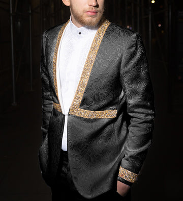 Men's Dress Noble Jacquard Diamond Collarless Two-piece Suit Dinner Master Wedding Groom (Blazer + Pants)