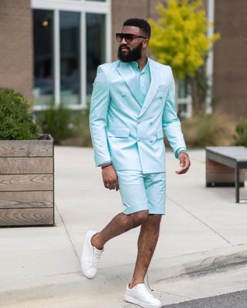 Trajes de hombre de doble botonadura verde menta con pantalones cortos, traje de novio para playa de verano, traje informal de negocios para boda, blazer para padrino de boda