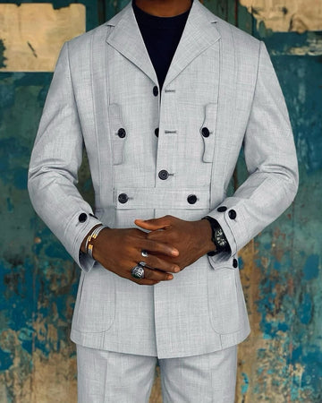 Unique Design Light Grey Men Suits With Belt Notch Lapel Blazer 2 Pcs Jacket Pants Custom Wedding Groom Men Sets Outfit