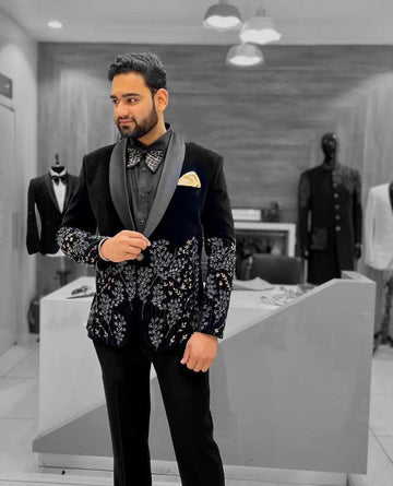 Costume homme en velours sur mesure 2 pièces blazer pantalon un bouton satin revers appliques perles affaires mariage grande taille sur mesure
