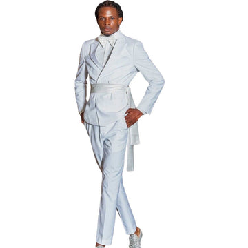 White Men Suit 2 Pieces Business With Belt Blazer Pants Slim Fit Wedding Groom Tailored