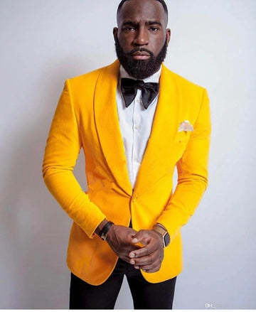Chaqueta de terciopelo amarillo con un botón y pantalón negro para hombre, traje para graduación, para novio, boda, esmoquin, fiesta, 2 piezas