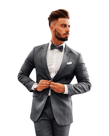 Casual Grey Men Suits Groom Tuxedos Groomsmen Wedding Party Dinner Men Best Man Suits 2 Pcs (Jacket+Pants+Tie)
