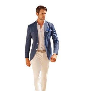 Trajes casuales para hombre, diseño personalizado, para verano, playa, boda, blazer azul, pantalones blancos, 2 piezas (chaqueta + pantalón), baile de graduación, padrino de boda.