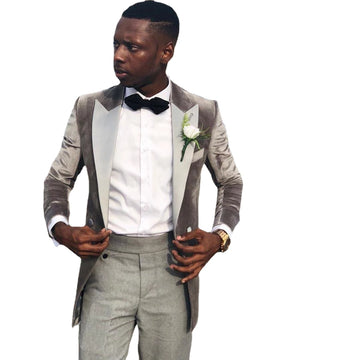 Design Grey Velvet Men Suits Peak Lapel Slim Fit Blazer Tuxedo Prom Wedding Groom Custom Made 2 Pieces