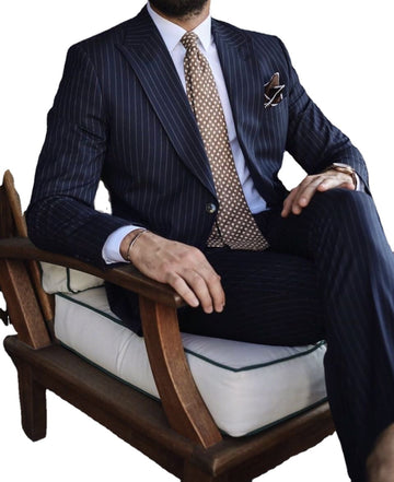 Business Dark Blue Stripe Men Suits Set Costume Homme Peak Lapel Slim Fit Tuxedo Wedding Groom Blazer 2 Pieces