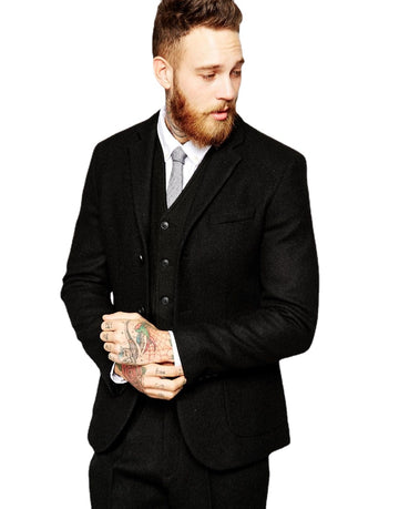 Design Winter Black Tweed Men Suit Slim Fit 3 Piece Tuxedo Custom Style Suits Groom Prom Blazer Masculino