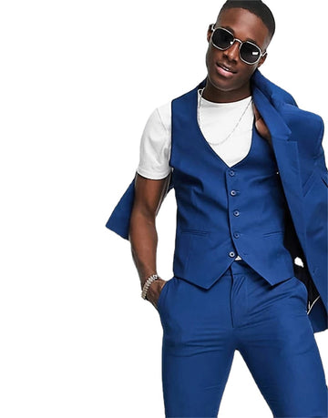 Traje azul real de dos botones para hombre, 3 piezas, para boda, esmoquin, corte entallado, chaqueta, pantalón y chaleco.
