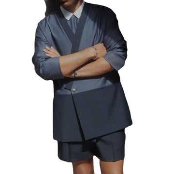 Traje azul marino para hombre, de 2 piezas, a medida, con blazer y pantalón corto, de verano, sin cuello, de un botón, para boda, graduación y novio.