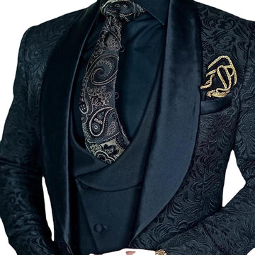 Costume de mariage 3 pièces en satin jacquard sur mesure pour homme, coupe slim, avec revers châle (blazer, gilet et pantalon)