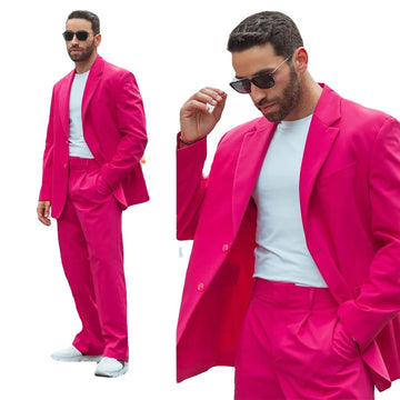 Street Fuchsia Men Suits 2 Pieces Groom Party Wedding Peaked Lapel Terno Masculino Tuxedos Costume Homme Blazer Sets