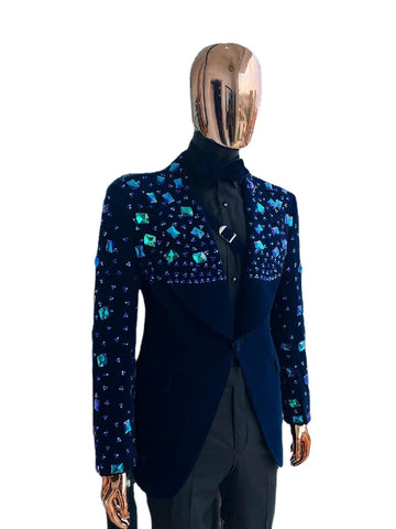 Trajes de lujo para hombre, a medida, 2 piezas, blazer de terciopelo, pantalón negro, un botón, diamantes con cuentas brillantes, para novio de boda, a medida, talla grande.