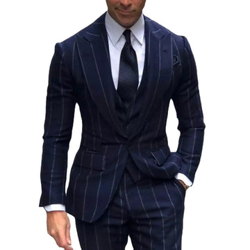 Costume 3 pièces à rayures bleu foncé pour homme, coupe slim, idéal pour un mariage ou une soirée