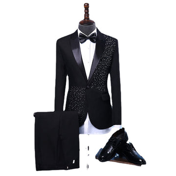 Slim Fit Singer Stage Host Performance Suit Men Wedding Groom Emcee Diamond Dress