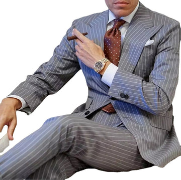 Grey Stripe Two Buttons Costume Homme Men Suits Peak Lapel Terno Masculino Groom Slim Fit Blazer Sets 2 Pcs