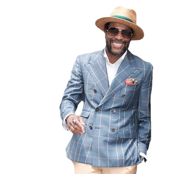 Traje azul para hombre, traje de una pieza con solapa cruzada, mezcla de algodón, estampado a cuadros, formal, boda, negocios, casual, baile de graduación, diario.