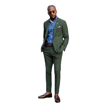 Costume vert chasseur pour homme, revers pointu, un bouton, costume de bal, costume de mariage, blazer, terno, 2 pièces, veste et pantalon