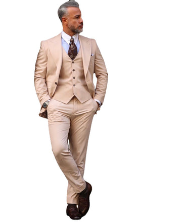 Traje de hombre beige de 3 piezas con solapa ancha y un botón, diseño entallado para novio y boda