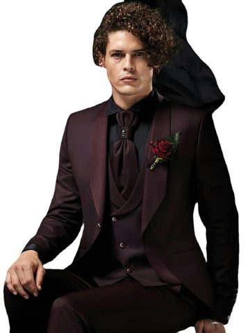 Trajes de boda para hombre, corte entallado, un botón, personalizado, talla grande, vestido de satén burdeos, traje de caballero, conjunto de 3 piezas