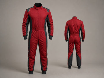 Front and back views of an unbranded red and charcoal one-piece racing-style suit