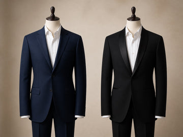 Navy wedding suit and black tuxedo-style jacket displayed on tailoring mannequins