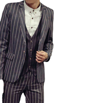 Costume 3 pièces bleu marine à rayures fines pour homme, coupe slim, blazer, pantalon (veste, pantalon, gilet) 