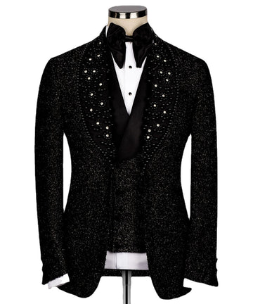 Luxury Men Wedding Groom Suits Glitter Lurex Black Blazer Vest Pants 3pcs  Business Prom Party Gowns