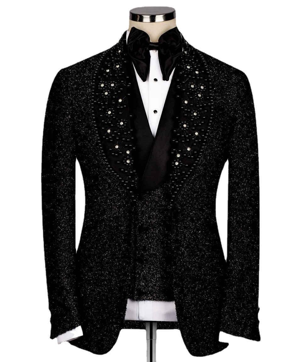 Trajes de novio de lujo para boda, chaqueta negra con lúrex brillante, chaleco y pantalones, 3 piezas, vestidos de fiesta de graduación de negocios 