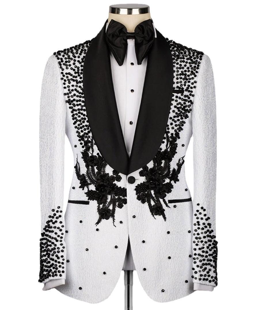 Esmoquin de boda blanco con bordado de flores, hecho a mano con perlas, traje de novio de lujo, blazer, chaleco, pantalones, traje de fiesta de graduación 