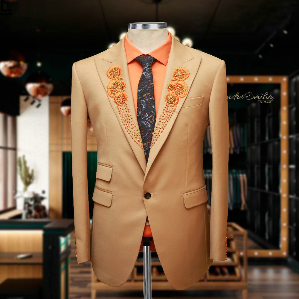 Champagne Beading Pearls Groom Wear Formal Men Suits 2 Piece Jacket and Pants Sets Smart Casual Business Blazer