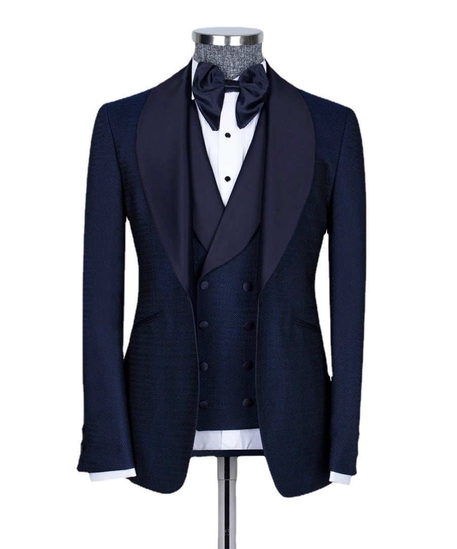 Classic Navy Blue Groom Tuxedo Customized Business Wear Men's Suits 3PCS Blazer Vest Black Pants Formal Prom Party Suit
