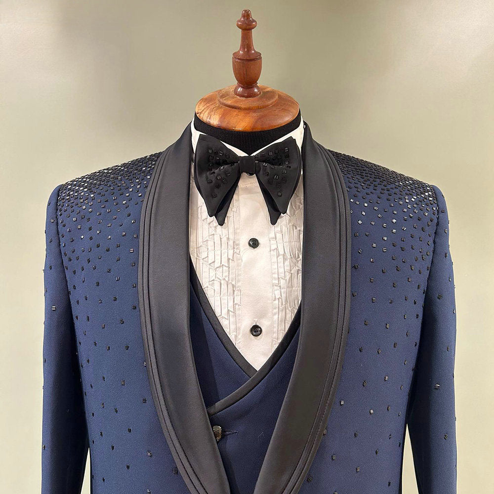 Costume de marié 3 pièces bleu pailleté avec cristaux, costume formel pour homme, sur mesure, blazer noir pour bal de promo, mode masculine